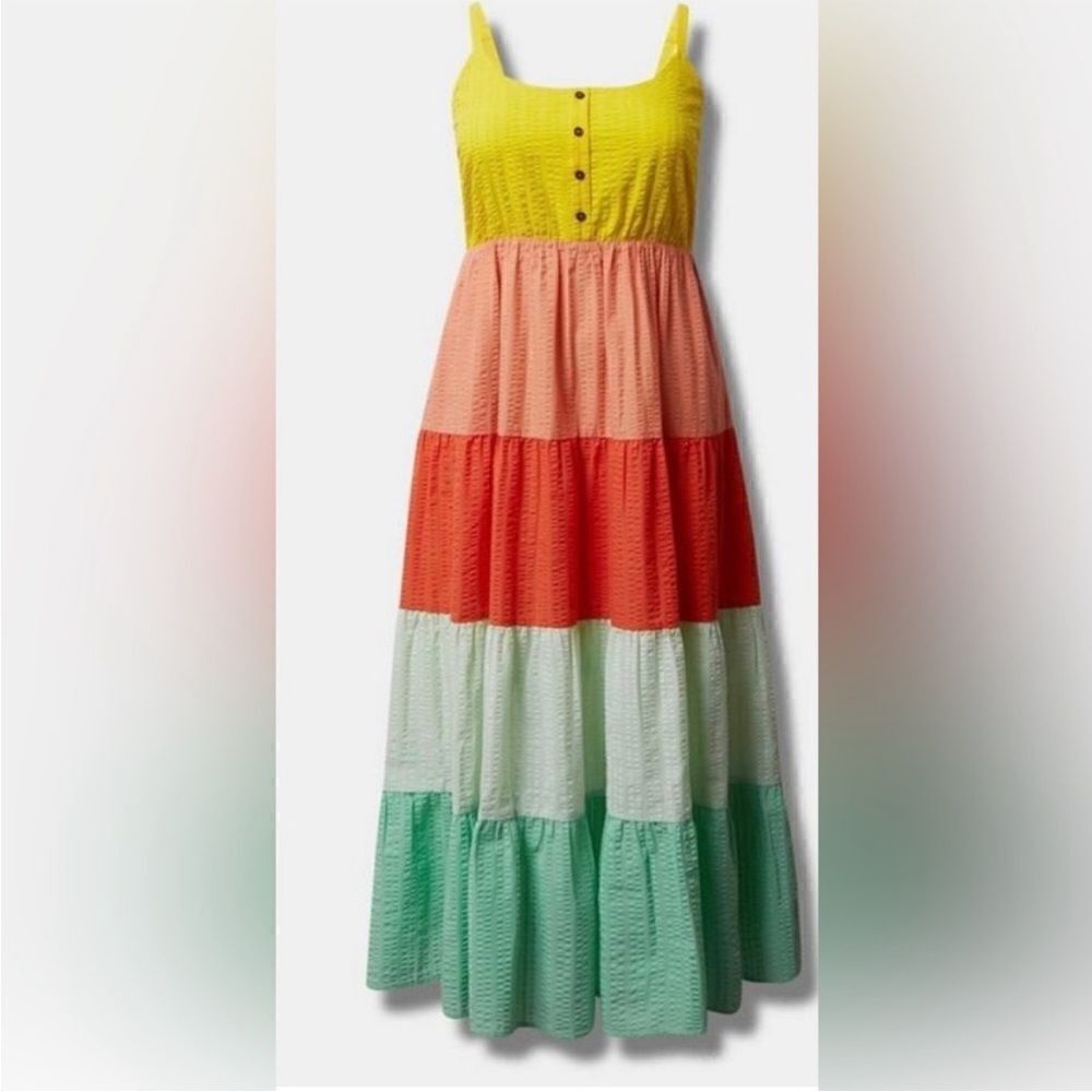 Torrid Multi Stripe Color Block Seersucker Tiered Maxi Dress Contemporary Boho